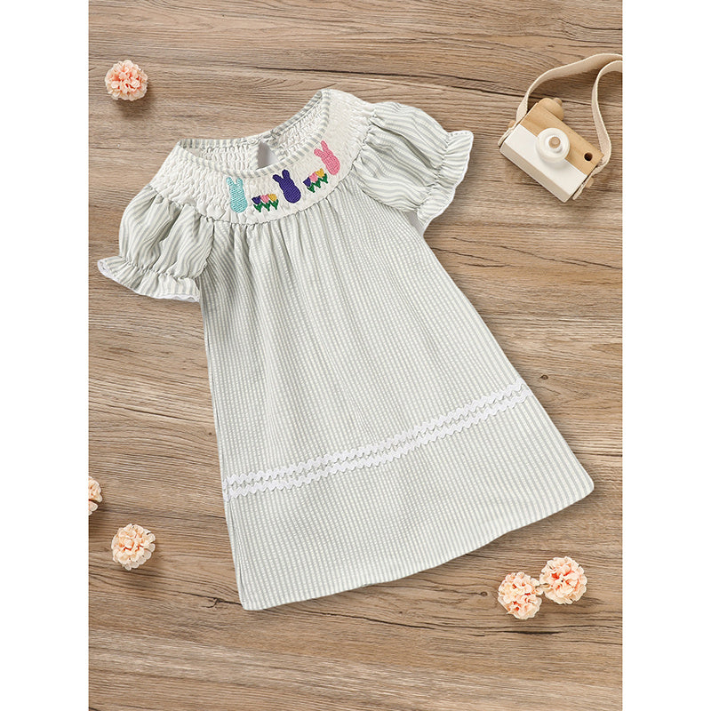 Baby Girls Easter Bunny Smocked Dress – Embroidered Short Sleeve Summer Outfit