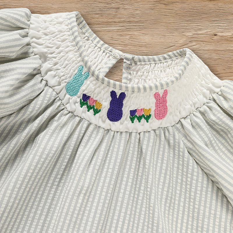 Baby Girls Easter Bunny Smocked Dress – Embroidered Short Sleeve Summer Outfit
