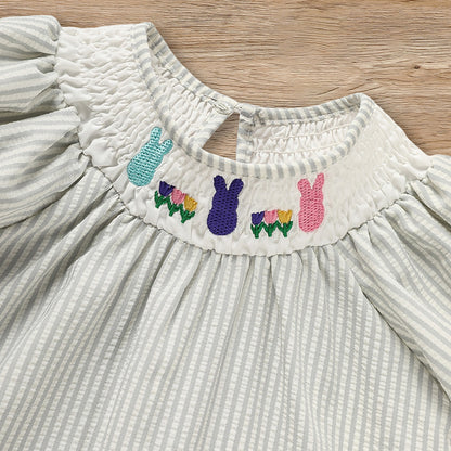 Baby Girls Easter Bunny Smocked Dress – Embroidered Short Sleeve Summer Outfit
