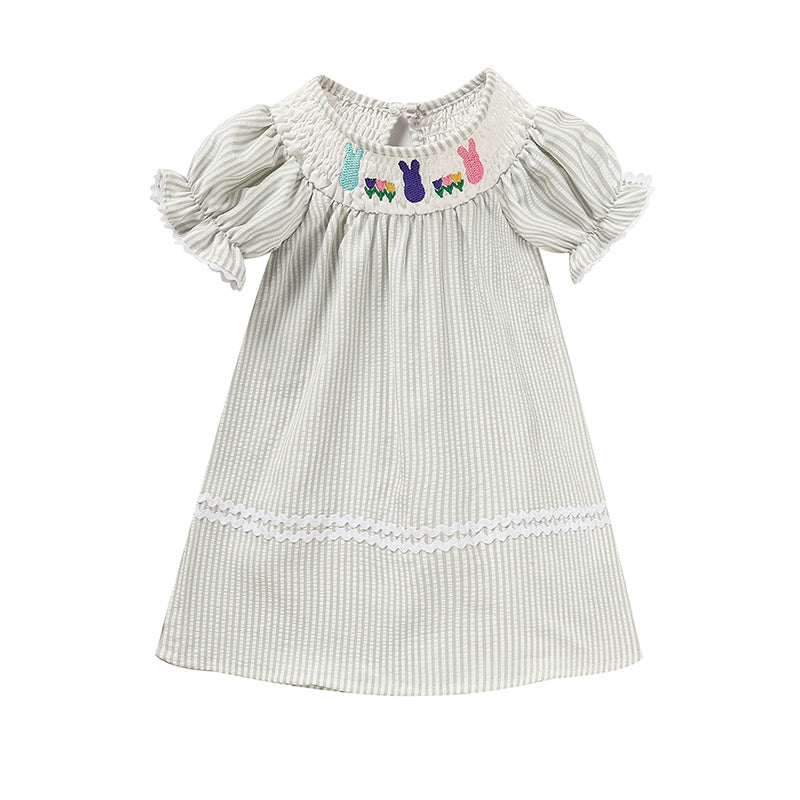 Baby Girls Easter Bunny Smocked Dress – Embroidered Short Sleeve Summer Outfit