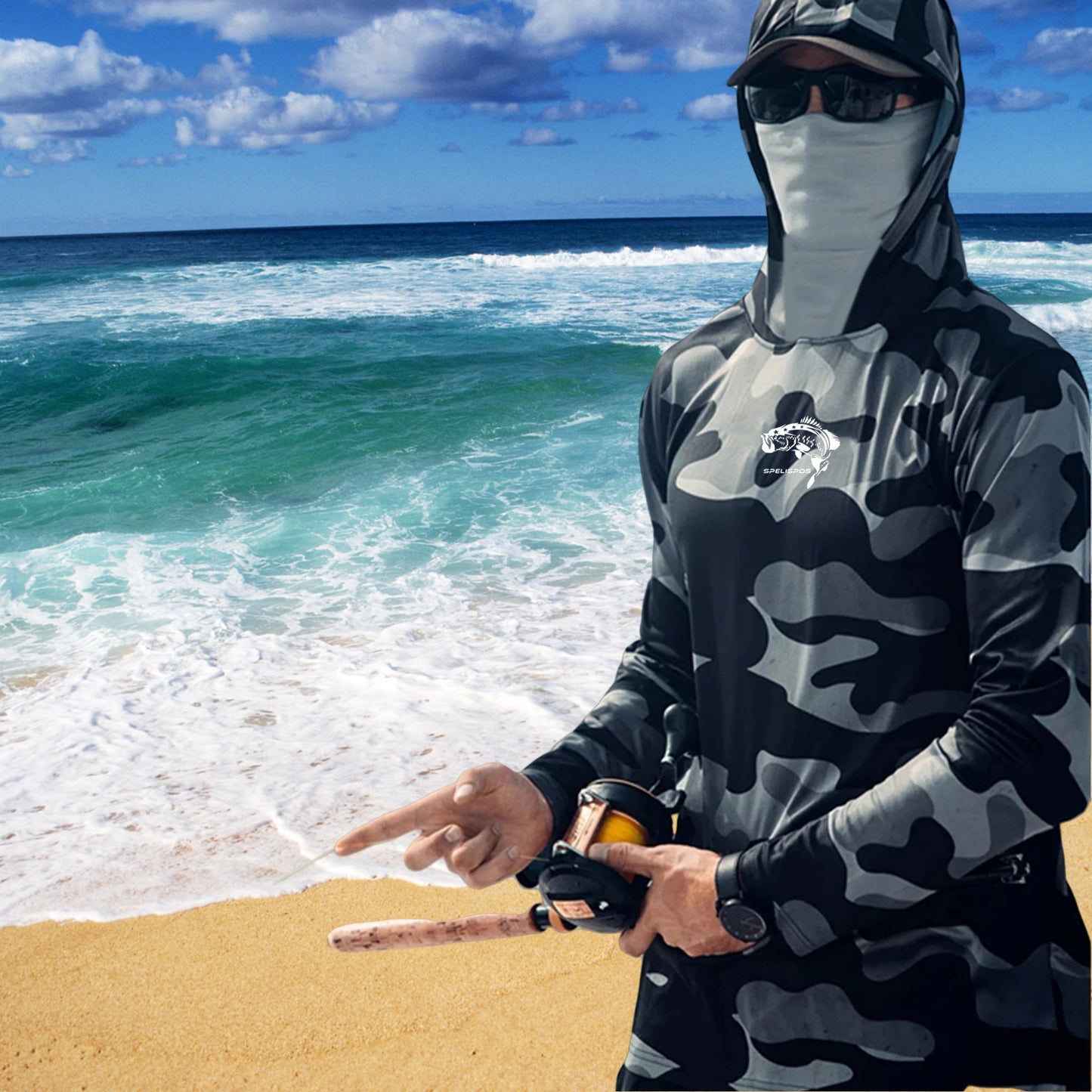 Men’s Fishing Hoodie with Face Mask – Long Sleeve UPF Sun Protection Shirt