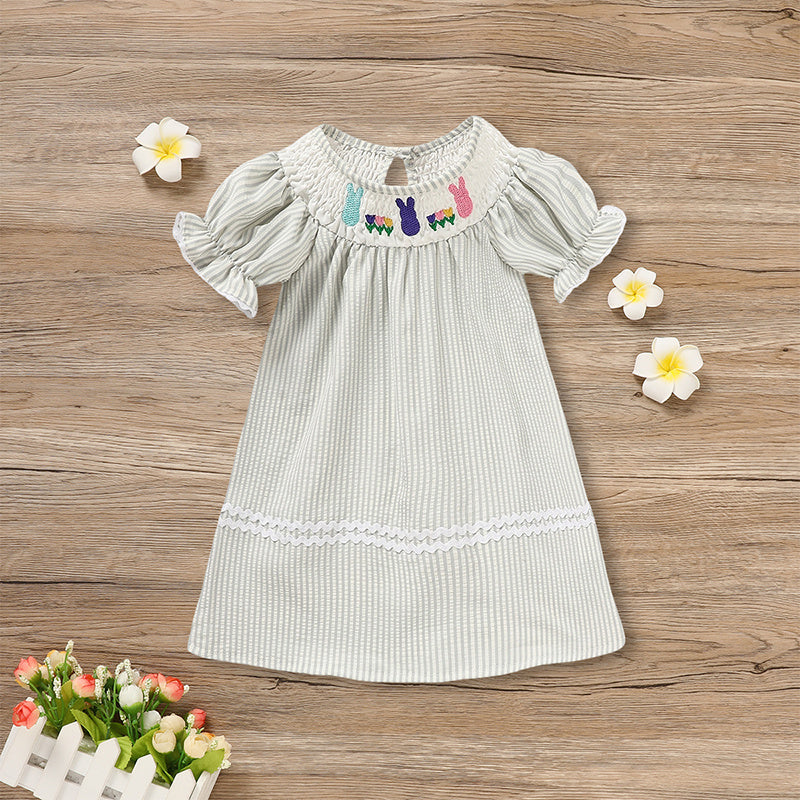 Baby Girls Easter Bunny Smocked Dress – Embroidered Short Sleeve Summer Outfit