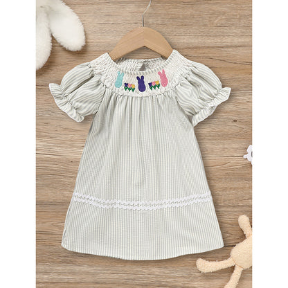 Baby Girls Easter Bunny Smocked Dress – Embroidered Short Sleeve Summer Outfit