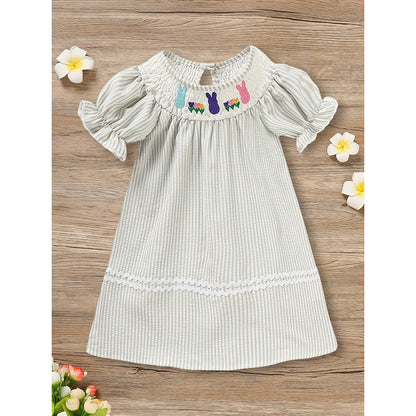 Baby Girls Easter Bunny Smocked Dress – Embroidered Short Sleeve Summer Outfit